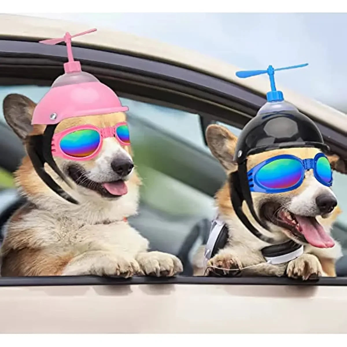 ATUBAN Dog Helmet and Goggles with Cute Propeller for Small Medium Dogs Adjustable Puppy Sun Hat and Sunglasse Summer Riding Set