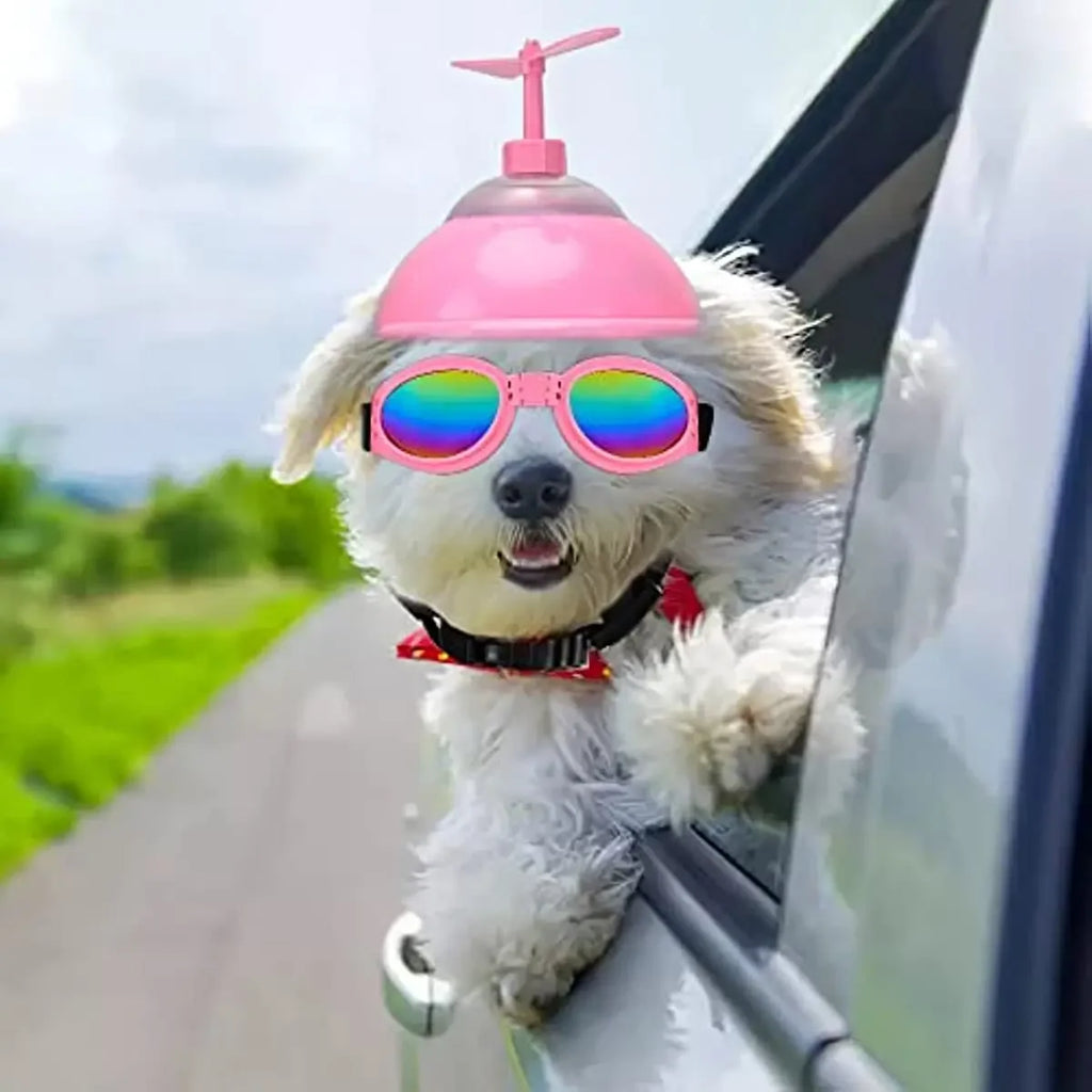 ATUBAN Dog Helmet and Goggles with Cute Propeller for Small Medium Dogs Adjustable Puppy Sun Hat and Sunglasse Summer Riding Set