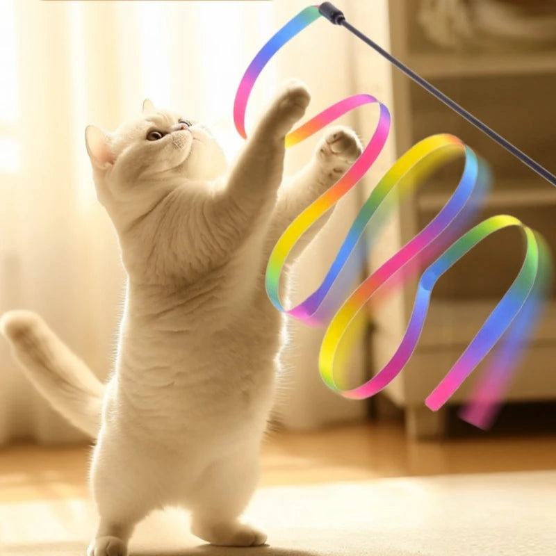 Interactive Cat Toys Teasing Catd Stick Funny Rainbow Strips Cat Stick Toys Kitten Playing Teaser Wand Toy Pet Supplies