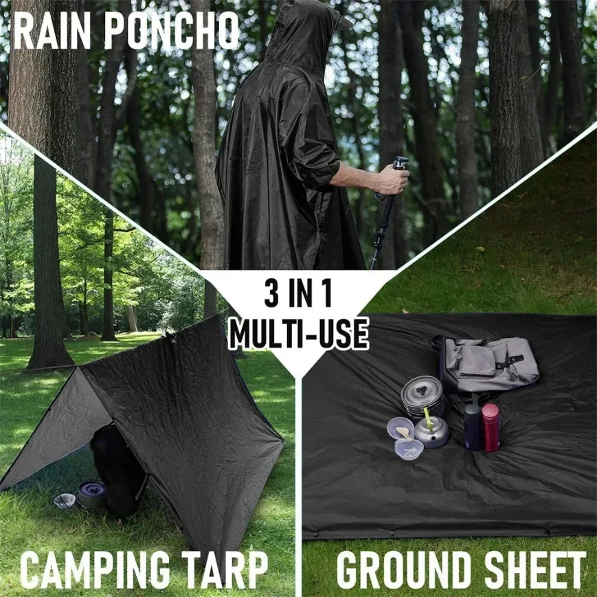 Multipurpose Outdoor Rainwear Hoodie Poncho with Sleeves for Motorcycle Camping Hiking Travel Tent Protection