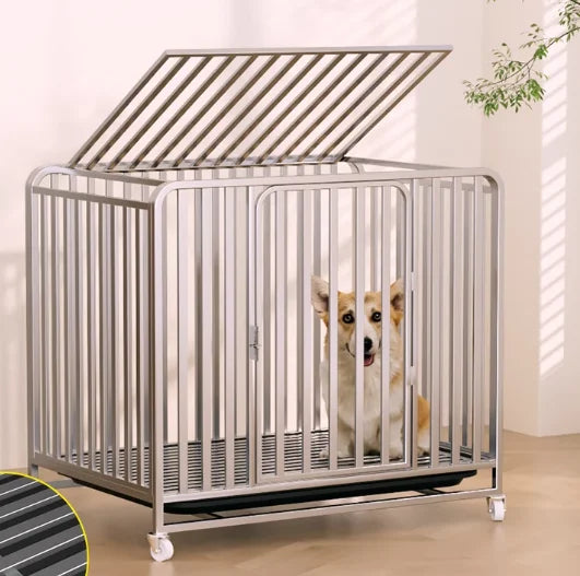 Reinforced Anti-Bite Dog Crate, Galvanized Metal Indoor Dog Kennel with 360° Full Protection & Plastic Tray for All Dog Sizes
