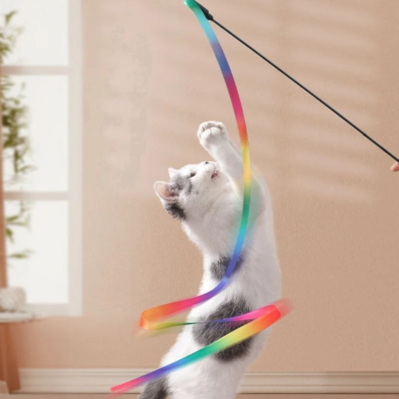 Interactive Cat Toys Teasing Catd Stick Funny Rainbow Strips Cat Stick Toys Kitten Playing Teaser Wand Toy Pet Supplies