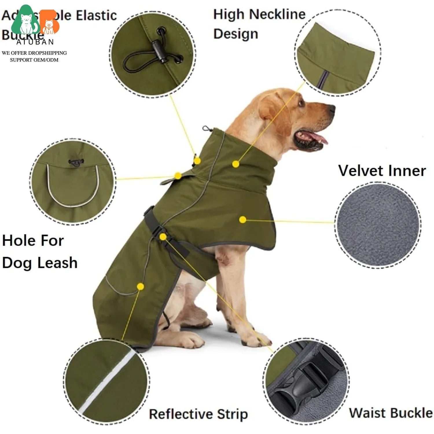 ATUBAN Dog Raincoat -Waterproof Winter Jacket with Velvet Inner, Reflective Strip,Soft Fleece Lining Warm Outerwear for Outdoors
