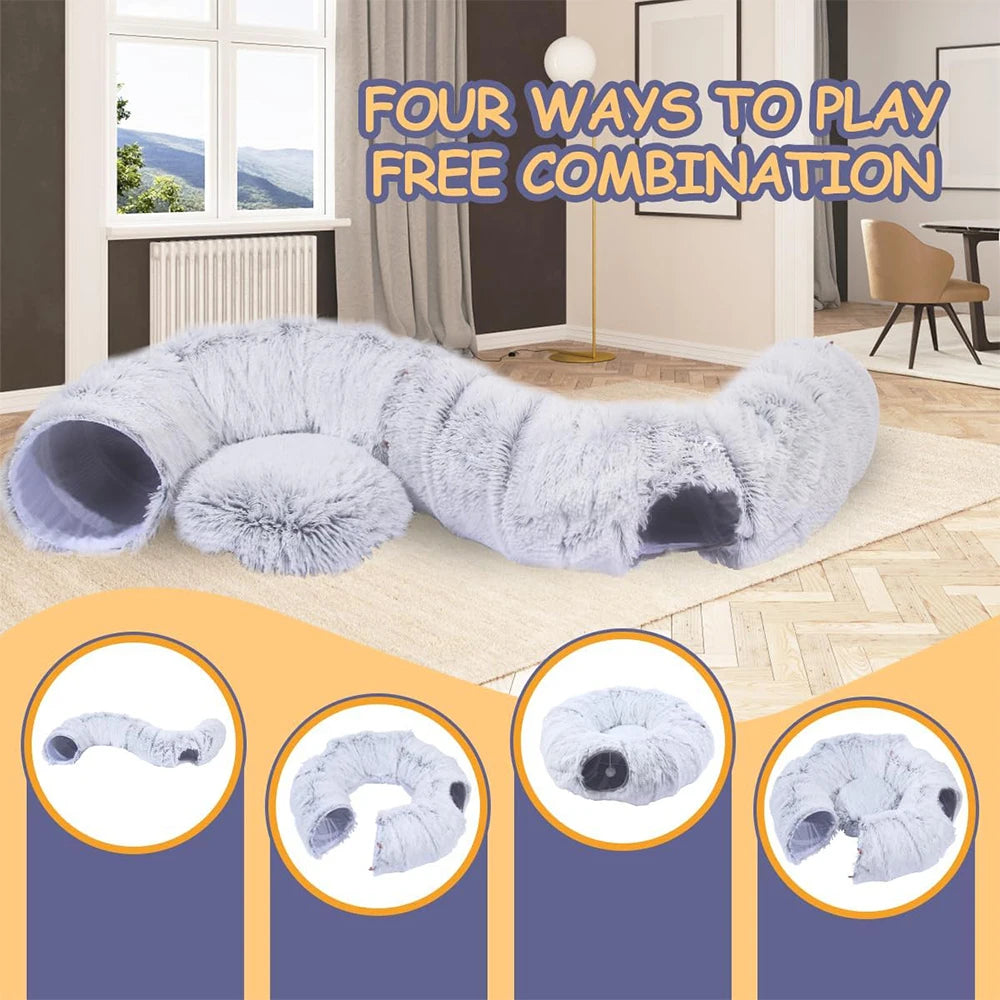 Winter New Arrival Plush Cat Tunnel Bed Foldable Two-in-One round Warmth Pet Nest Thickened Cozy Cuddly Cat Hideaway