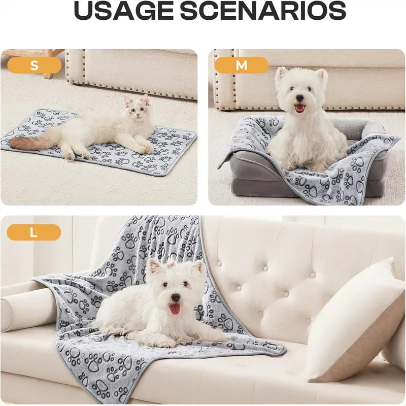 2PCS Soft Fluffy High Quality Dog Blanket Cute Cartoon Pattern Paw Print Large Dog Pet Mat Warm Comfortable Blanket for Dog Cat