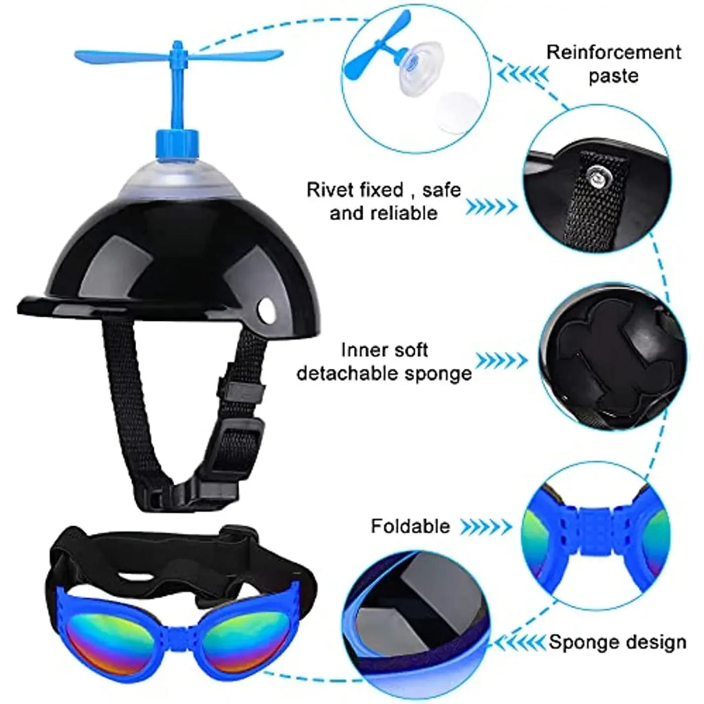 ATUBAN Dog Helmet and Goggles with Cute Propeller for Small Medium Dogs Adjustable Puppy Sun Hat and Sunglasse Summer Riding Set