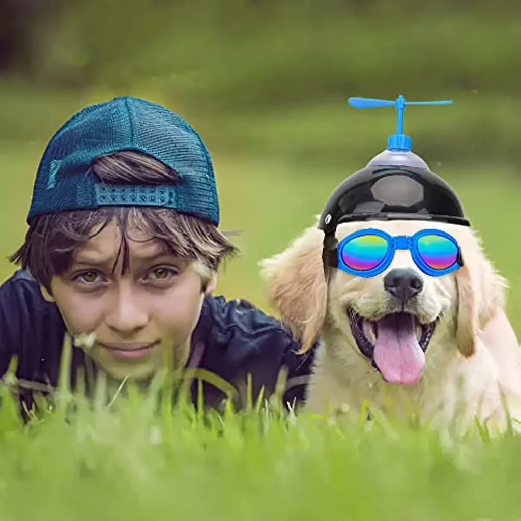 ATUBAN Dog Helmet and Goggles with Cute Propeller for Small Medium Dogs Adjustable Puppy Sun Hat and Sunglasse Summer Riding Set